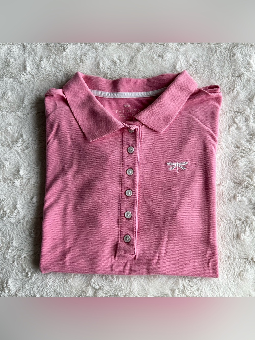 Talbots Polo Shirt Womens Petite Medium Pink Cotton Short Sleeve Dragonfly SS
